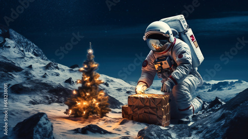 An astronaut places a wrapped gift on the moon, creating a captivating and surreal moment. A celestial celebration designed by Generative AI.