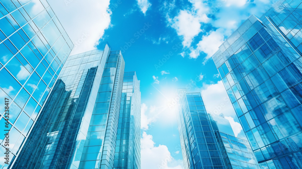 glass buildings with cloudy blue sky background generative ai
