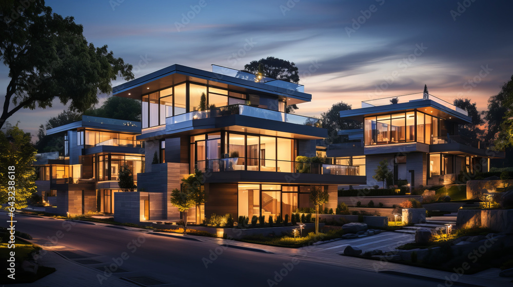 House building and city construction concept: evening outdoor urban view of modern real estate homes generative ai