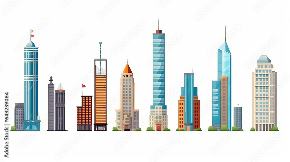 Set of different skyscraper buildings isolated on white.generative ai Set of different skyscraper buildings isolated on white.generative ai