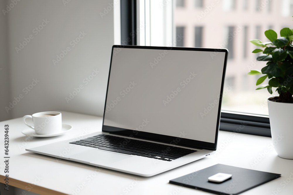 Blank laptop on office table. Mockup. Generative AI Blank laptop on office table. Mockup. Generative AI