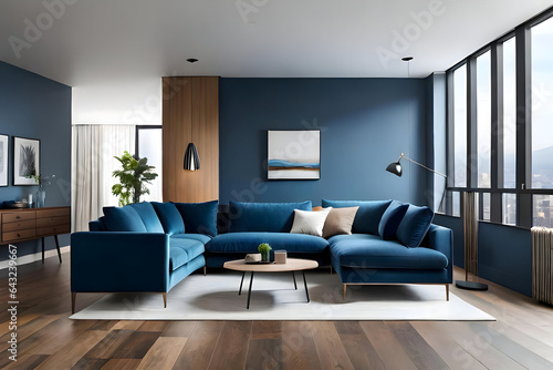 Modern living room with big blue sofa. Created with generative AI