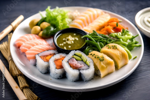 various sushi with sauce serving on plate