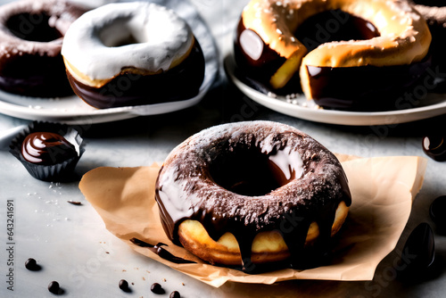 chocolate donuts with icing sugar