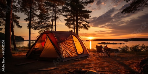 AI Generated. AI Generative. Camping relaxation time tent at lake beautiful landscape background. Adventure vacation rafting time. Can be used for tour trip promotion