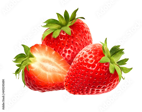 Fresh summer berries. Juicy strawberry fruits isolated on transparent background, PNG