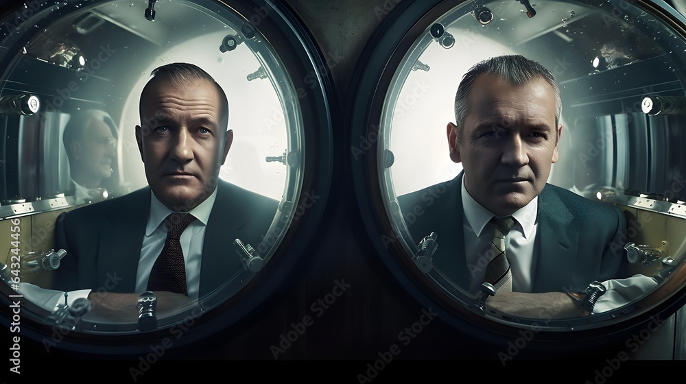 A small submersible bathyscaphe with two businessmen is exploring the ...