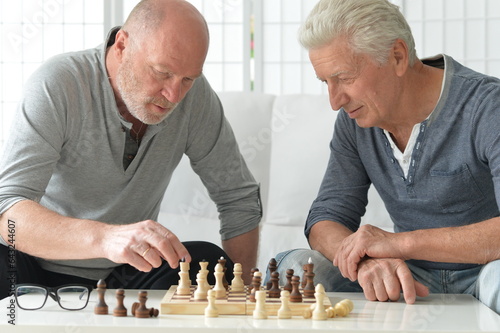 two old senior men playing chess at home