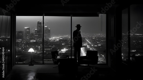 Silhouette of a businessman at sunset in a modern office overlooking the city.