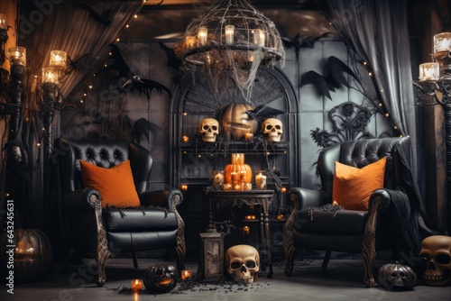 Interior of dark room decorated for Halloween with pumpkins, garlands © happy_finch