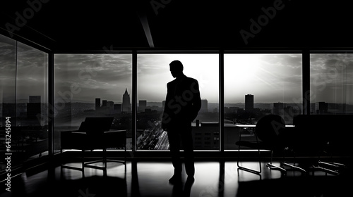 Silhouette of a businessman at sunset in a modern office overlooking the city. © bravissimos