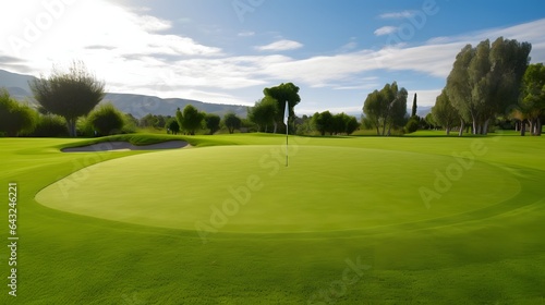 Golf course with beautiful sky. Scenic panoramic view of golf fairway.