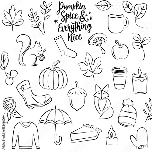 Autumn Doodle Fall Aesthetic Collection Set. Pumpkin Spice Latte freehand vector drawing isolated over white background. 30 elements.