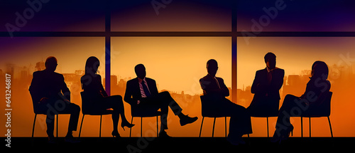Silhouette of group a businessmen at sunset in a modern office overlooking the city.