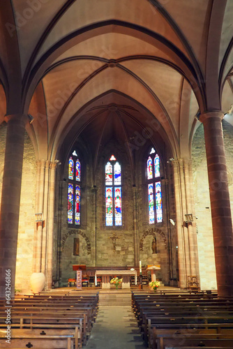 Nave and choir of the Notre-Dame du Bout du Pont church in Saint Jean Pied de Port, in the Basque country. The church which overlooks the banks of the Nive is integrated into the city wall