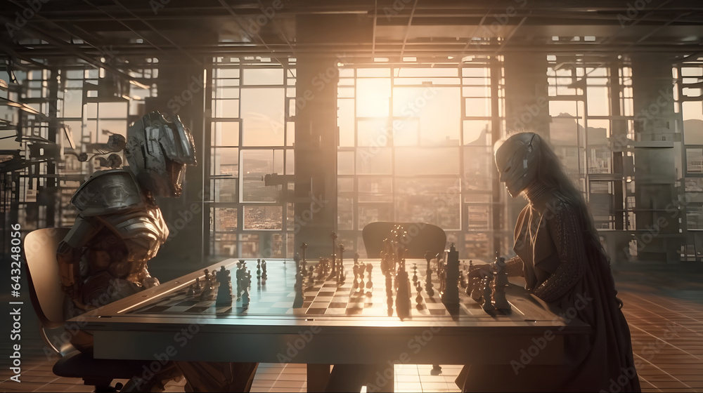 Artificial intelligence technology futuristic neural network, chess competition.