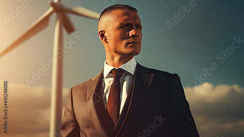 Man standing in front of wind turbine, business man, CSR, company social responsability, ecology at work, future, clean energy, reneweable energies, clean electricity, global warming, climate change