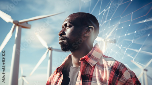 Black man standing in front of wind turbine, business man, CSR, company social responsability, ecology, future, clean energy, reneweable energies, clean electricity, global warming, climate change
