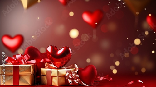 Valentine's day background with gift boxes and hearts. Romantic banner