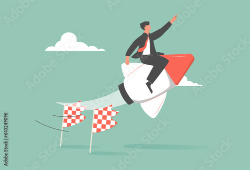 Cartoon businessman moving top on rocket and crash set vector graphic illustration. Collection of successful team moving