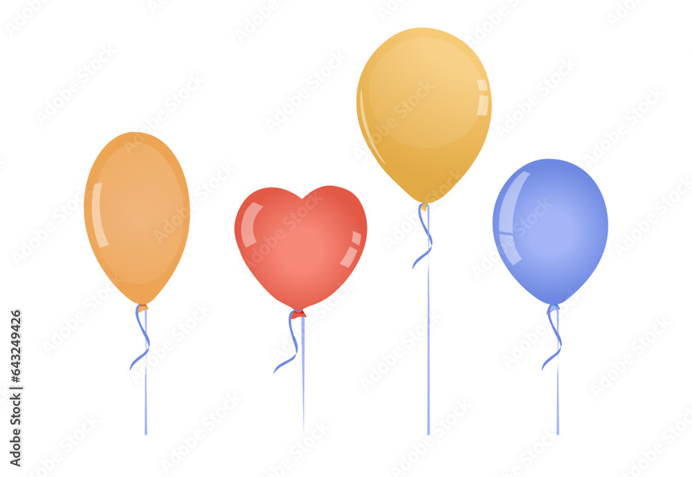 Set of round helium balloons in soft pastel colors. Festive decorative element in cartoon doodle design. Decor icons
