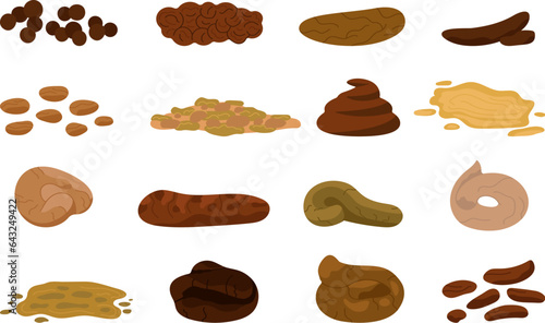 Poop elements. Isolated dog or human poops. Cartoon excrement animal, various fecal for medical check up or bristol scale, decent vector icons