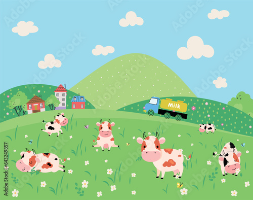 Farm nature landscape. Cartoon cow on green meadow  milk truck and tiny village houses. Dairy products delivery  cute cows nowaday vector scene