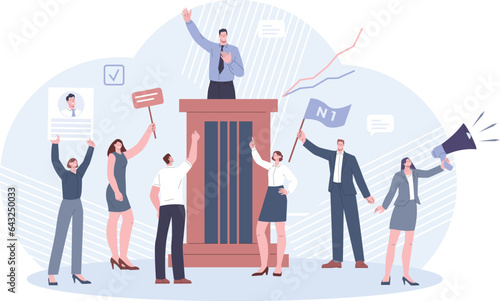 Political leader. Election campaign, politics characters, debates and advertising. Democracy political, candidate speech from tribune kicky vector concept