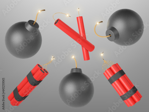 Realistic 3d dynamite and bomb. Dangerous explode elements, burning bombs wicks. Symbol terrorism, war and aggression pithy vector clipart