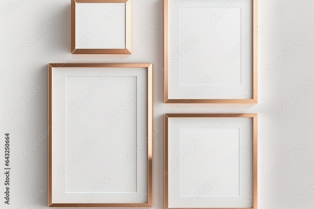 Rose gold frame mockup on white background. Rose gold-framed poster on white wallpaper. Generative AI Rose gold frame mockup on white background. Rose gold-framed poster on white wallpaper. Generative AI