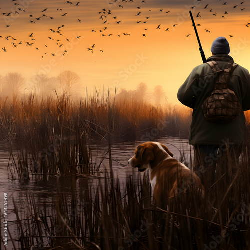 Man duck hunting with a hound, sunset with birds in the sky over lake. Generative ai.  photo