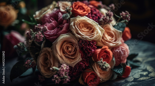 Wedding flowers, bridal bouquet closeup. Decoration made of roses, peonies and decorative plants, close-up.