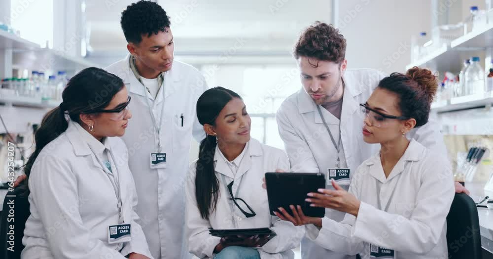 People, scientist and tablet in team meeting, research or project for discovery in science laboratory. Group of medical or healthcare workers in teamwork with technology for scientific breakthrough People, scientist and tablet in team meeting, research or project for discovery in science laboratory. Group of medical or healthcare workers in teamwork with technology for scientific breakthrough