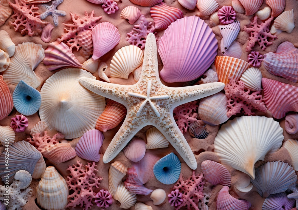 starfishs and seashells in pink, white and blue colors on a background of sea shells stock photo