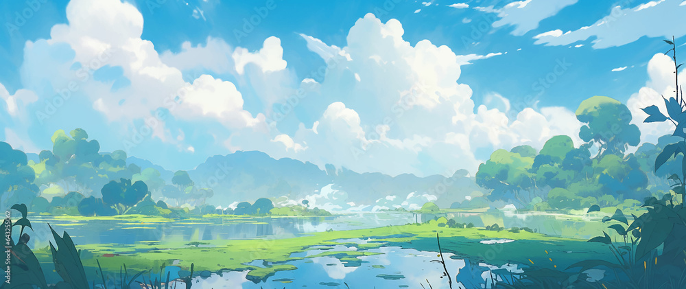 Fototapeta premium Sky Cumulus Clouds Meadow Soft Cotton Plush Cartoon Anime Style