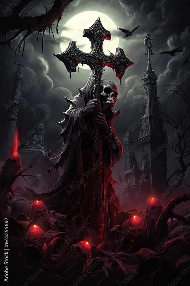 halloween background with castle. dead man hanging leaning on a cross