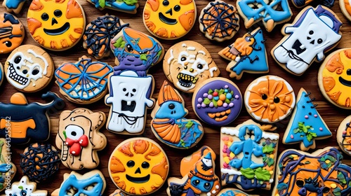 decorated halloween cookies on a wooden table with pumpkins and skeletons in the background photo is taken from above stock photo