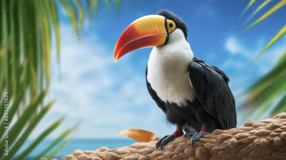 Large Toucan bird in palm tree brunch over blue sky Large Toucan bird in palm tree brunch over blue sky
