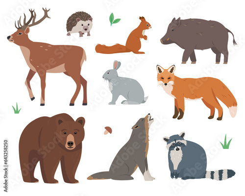Wild forest animals set. Deer, hedgehog, fox, wolf, hare, squirrel, raccoon, boar and bear icons. Vector illustration isolated on white background.