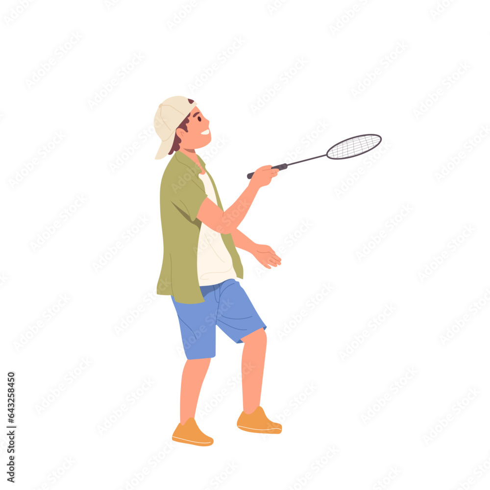 Young teenager boy child playing badminton holding racket hitting ball isolated on white background Young teenager boy child playing badminton holding racket hitting ball isolated on white background