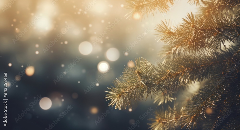 Christmas greeting card with evergreen fir tree branches, bokeh background Christmas greeting card with evergreen fir tree branches, bokeh background