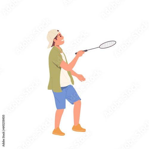Young teenager boy child playing badminton holding racket hitting ball isolated on white background