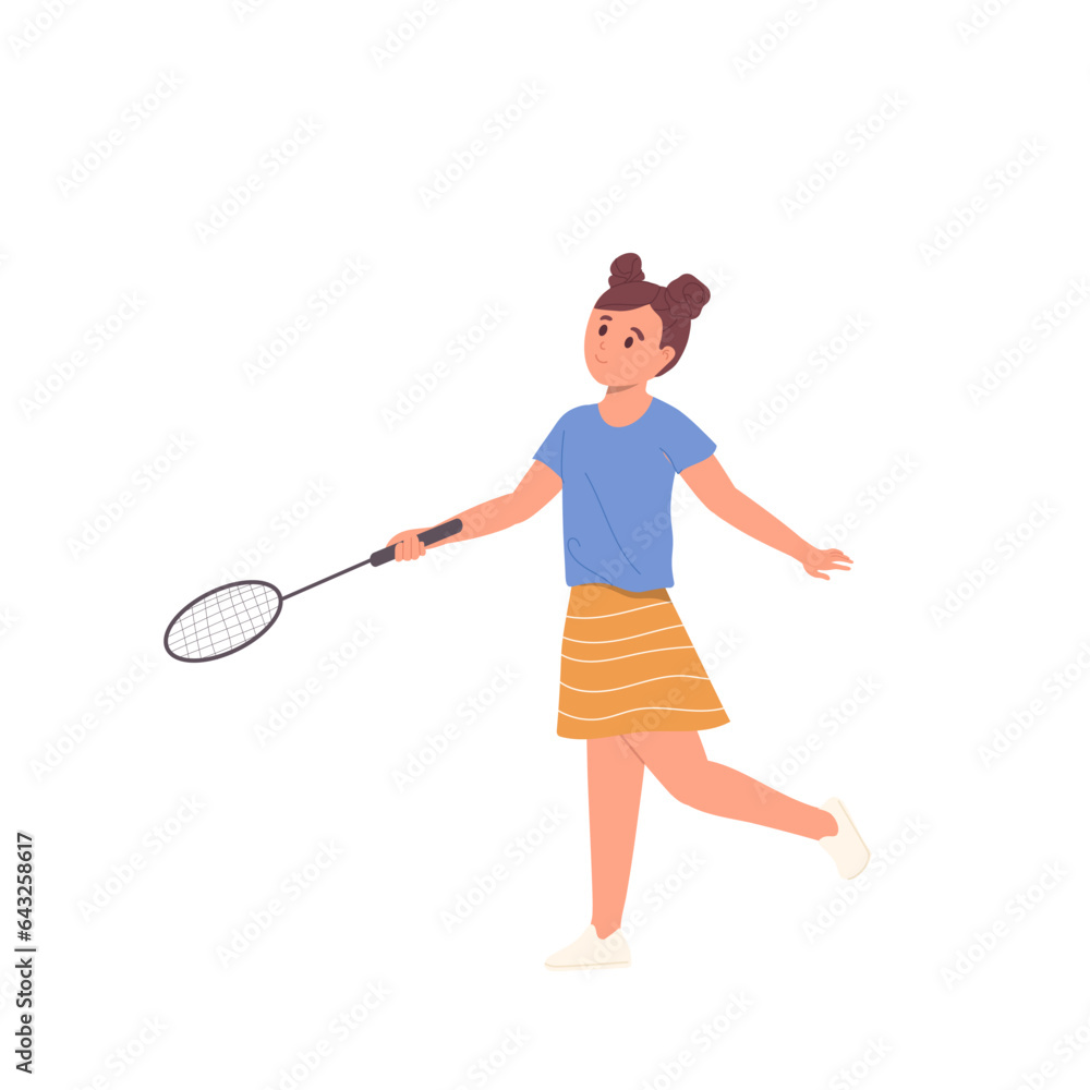 Happy girl child cartoon character holding racket playing badminton isolated on white background Happy girl child cartoon character holding racket playing badminton isolated on white background