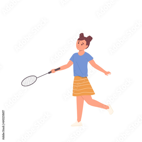 Happy girl child cartoon character holding racket playing badminton isolated on white background © Iryna Petrenko