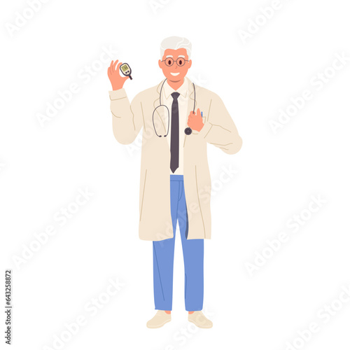 Doctor character holding glucometer for insulin control in blood demonstrating good test results