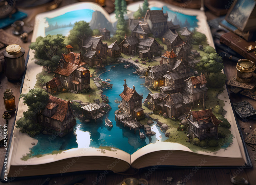 a fairy story coming to life on the pages of a magical open book with a seaside port village a fairy story coming to life on the pages of a magical open book with a seaside port village