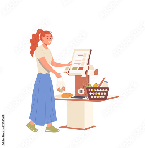 Woman using self-service terminal contactless checkout machine buying grocery in supermarket