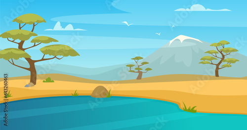 Savannah background. outdoor landscape with african outdoor savannah with lake. Vector background