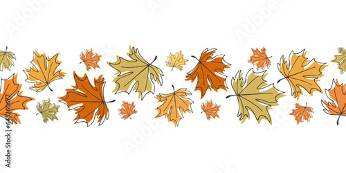 Falling autumn leaves frame. Endless border for design. Line doodle illustration. Fall cozy colorful background