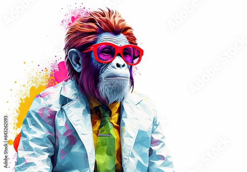Anthropomorphic monkey dressed in a blue jacket and sunglasses. Human characters through animals. Illustration of a cheerful and elegant chimpanzee with purple hair on his head. Creative idea.